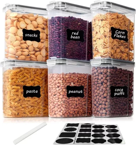 Set of storage boxes, 2.5 liter, muesli, bulk box and storage boxes, BPA free, plastic, airtight, set of 6 + 24 labels for cereals, flour, sugar etc. (between)