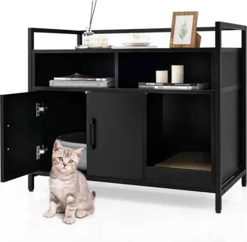 Cat cabinet, litter box with double doors and scratch pad, cat house with open shelf and 2 compartments, cat basket, litter box, cabinet, for cats, dogs, pets (black)