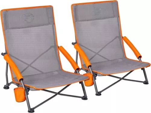 Folding Beach Chair Low Lightweight Portable Adult Camping Festival Picnic Outdoor Lounger with Cup Holder Mesh Back Padded Armrests Supports 150kg 2