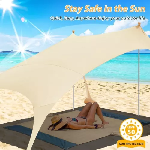 2.4 x 2.4 m, beach tent, beach shell tent, sun protection, beach tent with UV protection UPF 50+ Sun Shade Shelter, sun sail, camping tarpaulin, with picnic blanket and sandbag, anchor (beige)