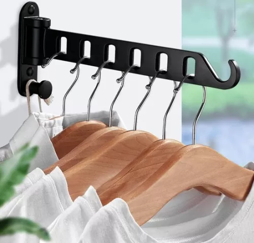 Wall-mounted clothes rack, foldable, 180° rotatable clothes hook, clothes rail, wall hook, coat rack, clothes fan for balcony, laundry room, bathroom (black, 1 pc)