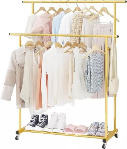 Double Rod Clothes Rack - Portable Multi-Space Clothes Organizer - Gold