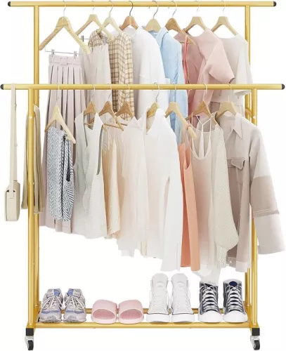 merkloos Double Rod Clothes Rack - Portable Multi-Space Clothes Organizer - Gold (9502971637120)