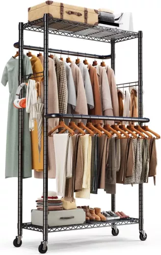 Double Wheeled Clothes Rack - Adjustable Shelves with 400 lbs Load Capacity