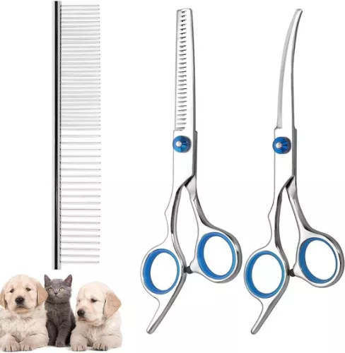 Scissors Set for Dogs and Cats Including Thinning Scissors, Curved Scissors, and Grooming Comb