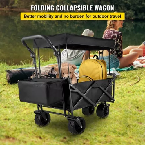 Collox Trolley - Luxury Large Black Handcart - Foldable Pneumatic Tires - Garden Cart for Children's Transport - Beach Cart with Roof - 100Kg Load Capacity - 100x55cm