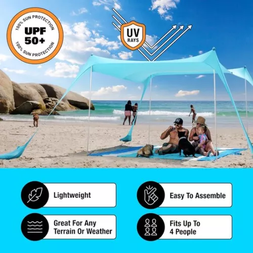 Beach tent, sun sail SPF 50+, with sand shovel, pegs and stability poles, outdoor shade sail for camping trips, fishing, garden fun or picnics