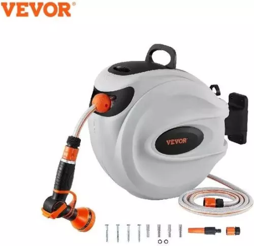 BTD 20MTR Wall Hose Reel - Garden Hose - Auto Rewind Function - With 9 Different Patterns and 3 Nozzles - 180 Degree Rotatable - Easy to Mount on the Wall -