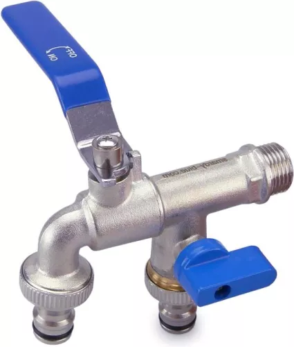 Double Spout Water Tap 1/2x3/4x3/4 inch Brass - Rust and Frost Resistant - Incl. 2 Hose Connections - Garden Rain Barrel Washing Machine