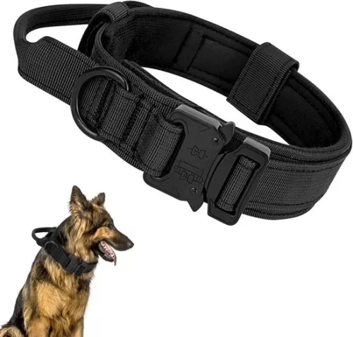 Tactical Dog Collar - Padded Breathable Soft Nylon Dog Collar - with Strong Metal Buckle - Adjustable Dog Collar - with Handle Tactical Dog Collar - for Medium and Large Dogs (L) - Black