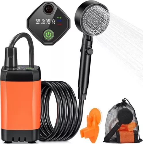 Camping Shower Kit Rechargeable - Electric Beach Shower - Outdoor Shower Pump with Smart Digital Display - Shower Head Nozzle for Camping - Outdoor Shower - Hiking, Travel, Washing - Orange
