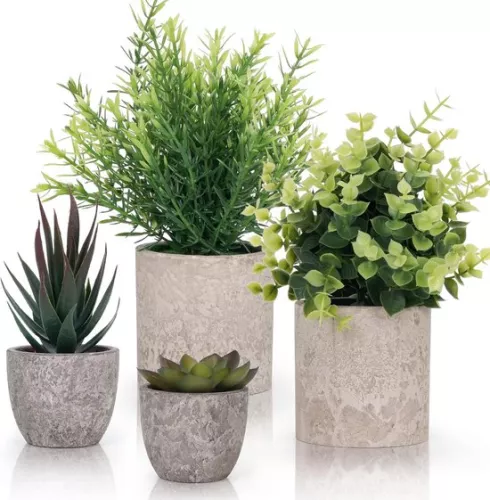 Small Green Artificial Plants (4 Pack) - Decorative Fake Plants for Indoor Pots in Bathroom and Office - Eucalyptus & Succulents