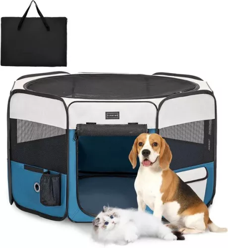 Foldable puppy pen - dog run for small animals - gray/blue - 92 x 84 x 53 cm