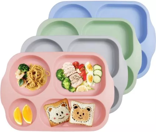 4-piece menu plates, divided plates, 5 compartments, unbreakable, picnic plates, plastic plates, diet portion plates, microwave and dishwasher safe, for adults and children (green, pink, beige,