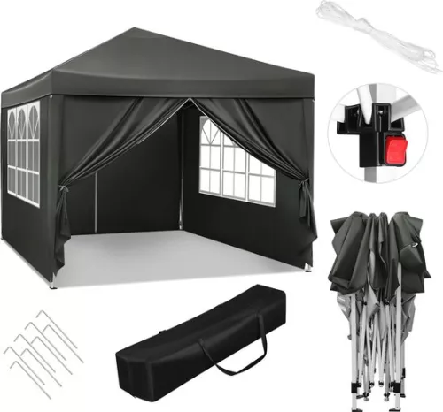 Manzibo Pop-Up Party Tent - Garden Tent - For Camping - Pop-up Tent Party Tent - 4 Poles - Open Side - Gray