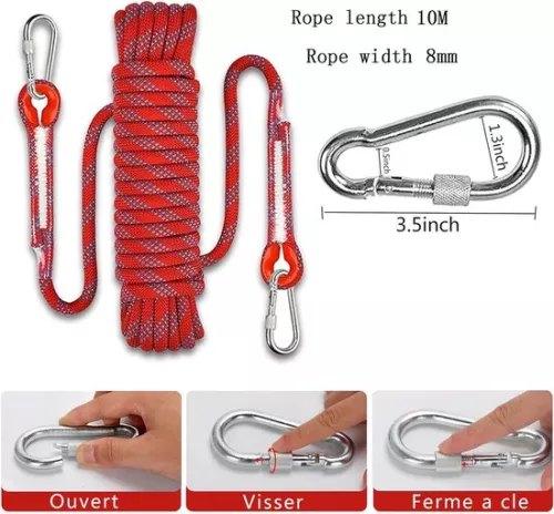 Climbing rope for home, escape rope, outdoor climbing rope, high strength rope diameter 8mm, safety cord braided nylon rope, length 10m escape rope rescue parachute rope with 2 carabiners (Red)