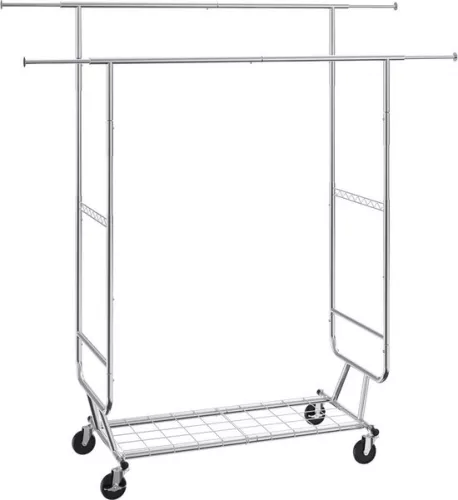Roll-up clothes rack coat rack 2 clothes rails, adjustable 1282-1914 mm / 1443-1867 mm (L/H), freestanding steel clothes rack 59 + 136 kg load capacity, heavy duty silver