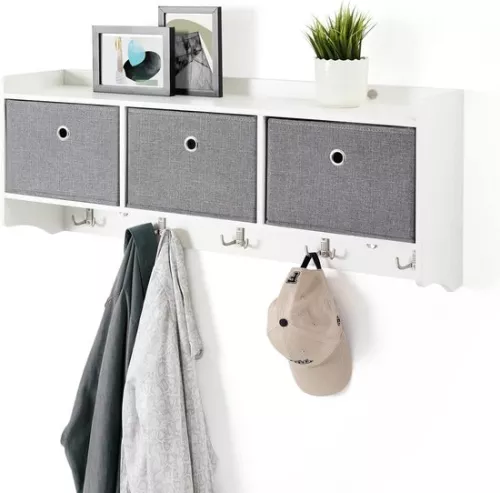 Coat Rack Shelf Storage Unit Wall Mounted Baskets Hooks Wooden Modern Style Hall Living Room W98 x H40 x D22 cm White Coat Rack
