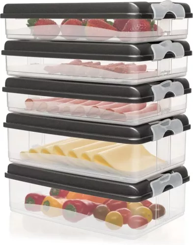 Cold Cuts Storage Box for Refrigerator, Set of Fresh-Keeping Boxes – Stackable Cold Cuts Containers with Lid (5 Anthracite Containers: 3x Flat, 2x High)